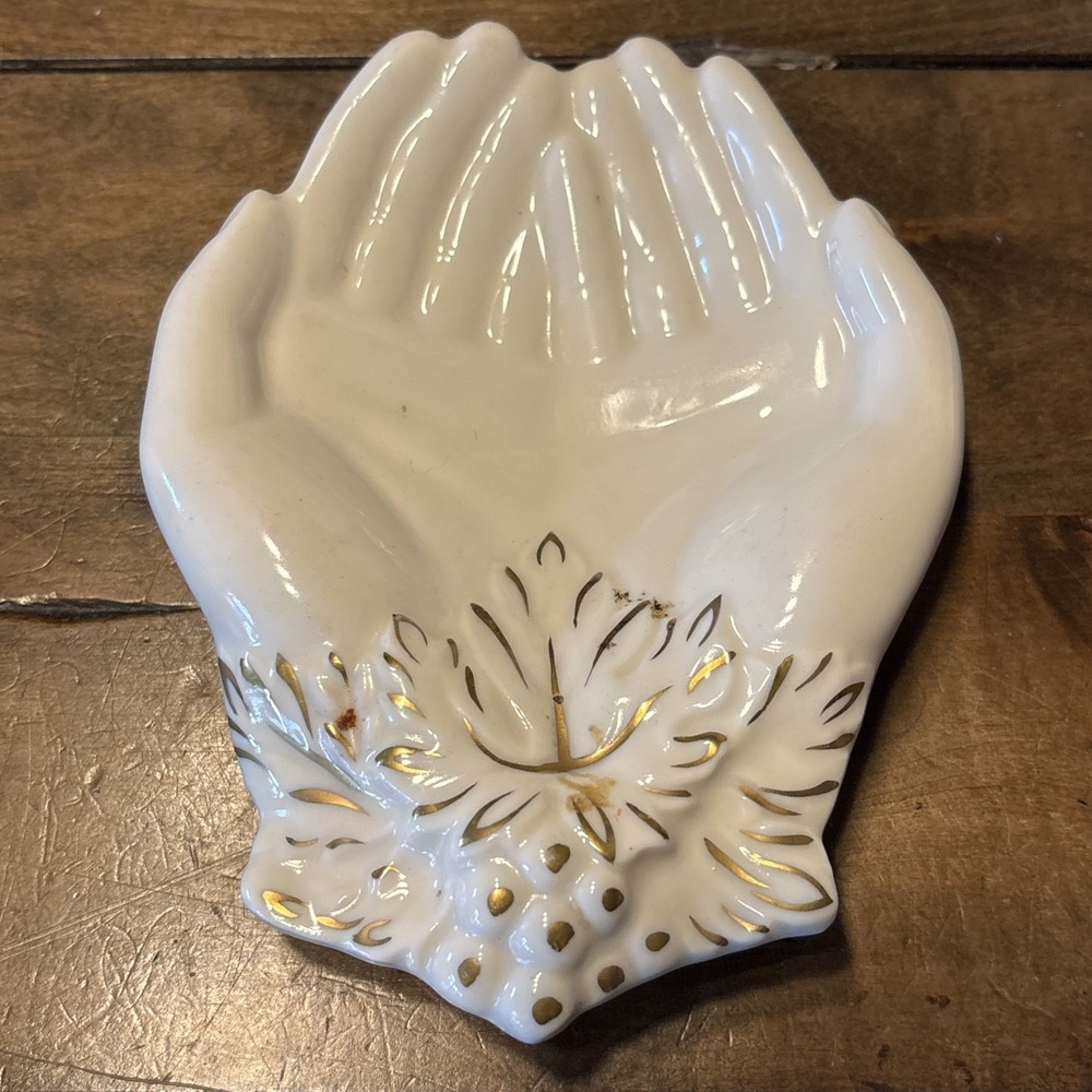VTG 60s MCM Iridescent Offering Hands Lusterwareโ Leaf Gold Jewelry Trinket Dish